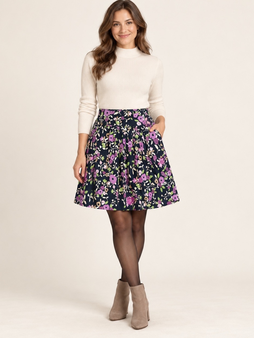 LOFT Floral Pleated A-Line Skirt Women’s 6 Navy Cotton Cottagecore Pockets